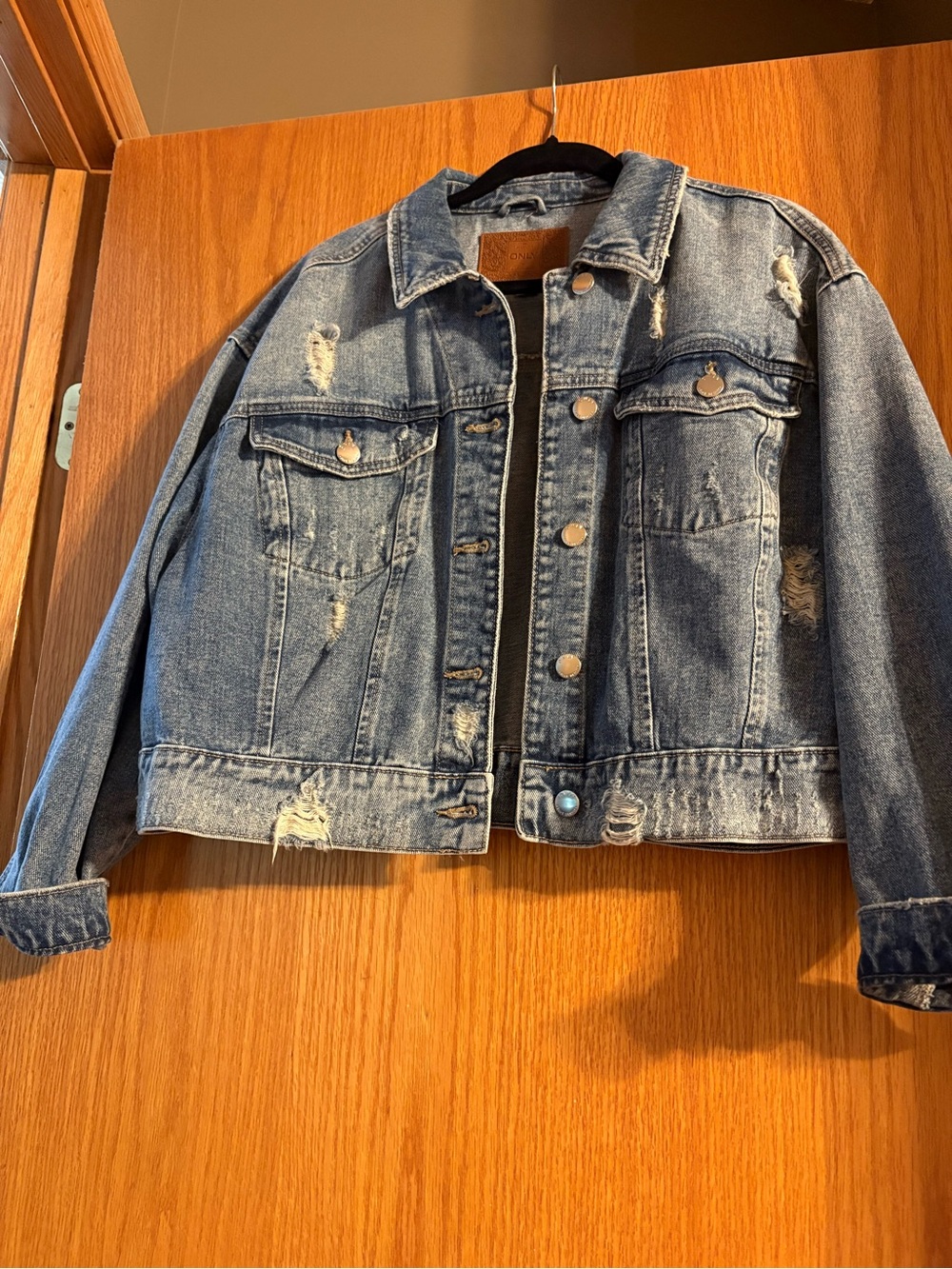 ONLY Light Blue Denim Jacket with Brown Leather Patch